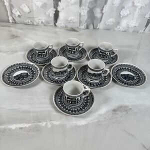 Vintage Greek Black and White Demitasse Cups and Saucers Set Greek Key Parthenon